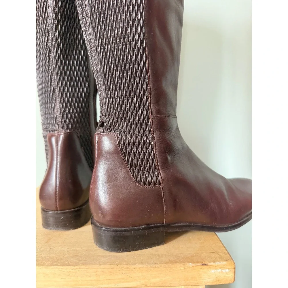 Cole Haan Rockland Brown Leather Woven Stretch Back Tall Riding Boots Size 6
